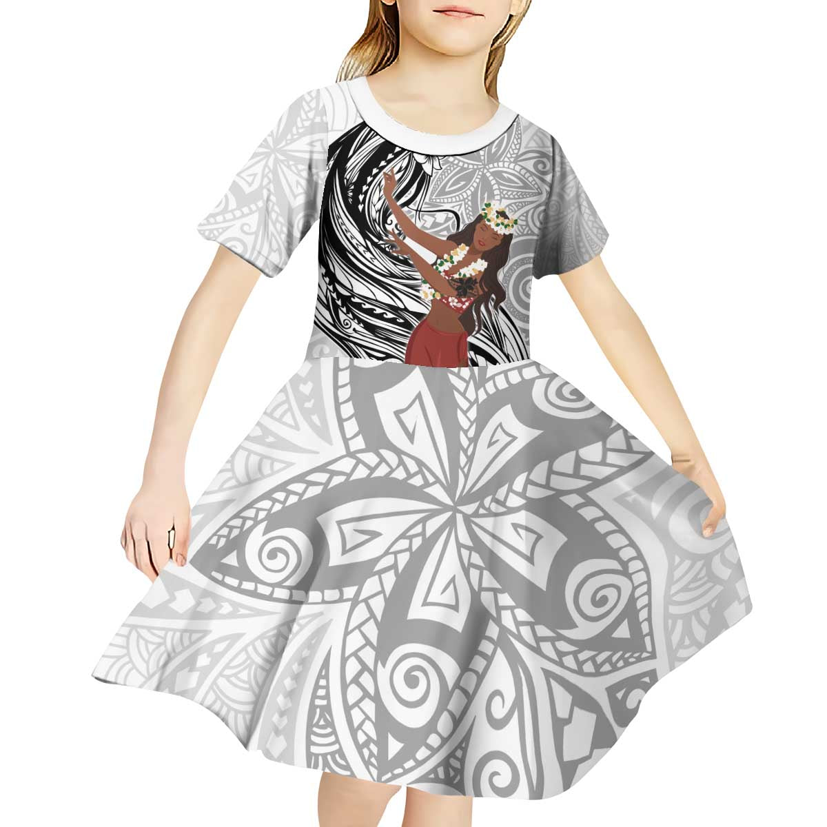 Tahiti Islands Polynesian Plumeria Kid Short Sleeve Dress Tahitian Vahine 'Ote'a - White LT7 - Polynesian Pride