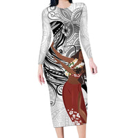 Tahiti Islands Polynesian Plumeria Long Sleeve Bodycon Dress Tahitian Vahine 'Ote'a - White LT7 Long Dress White - Polynesian Pride