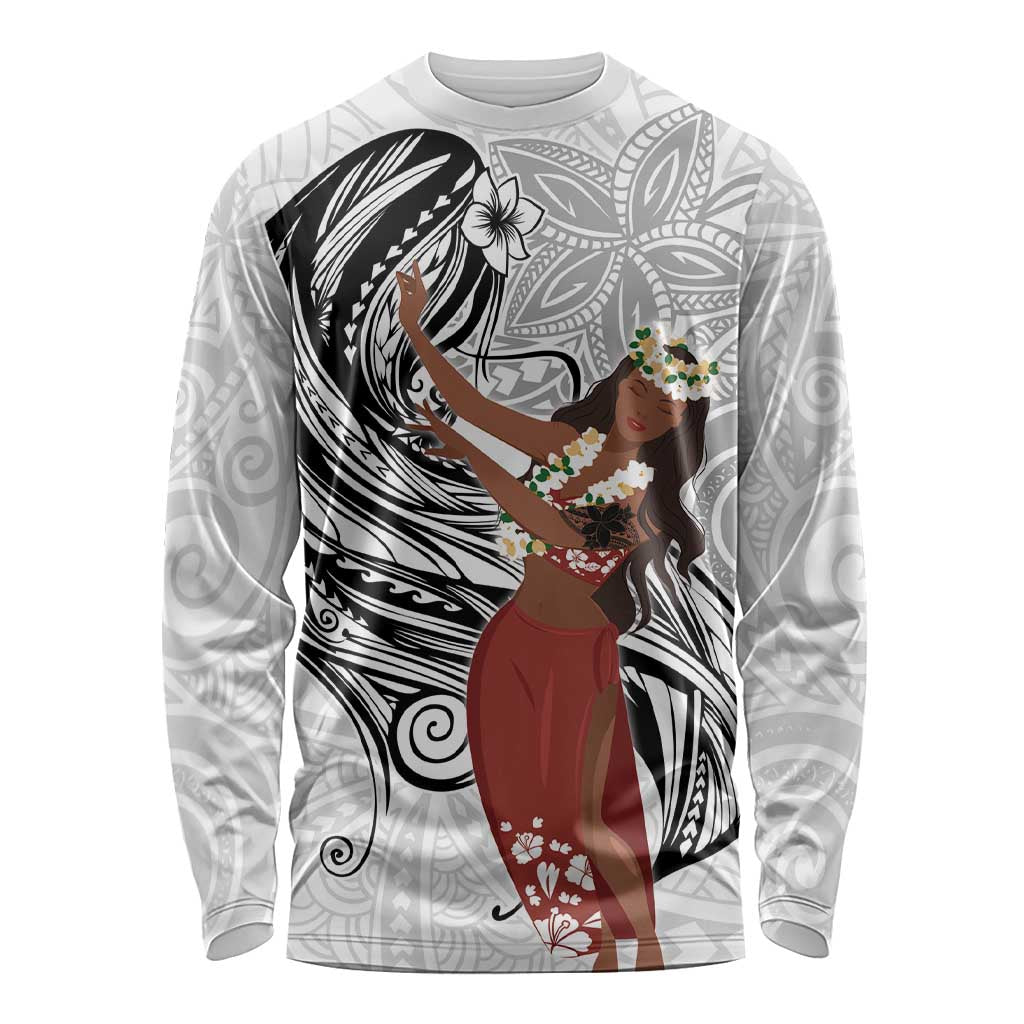 Tahiti Islands Polynesian Plumeria Long Sleeve Shirt Tahitian Vahine 'Ote'a - White LT7 Unisex White - Polynesian Pride