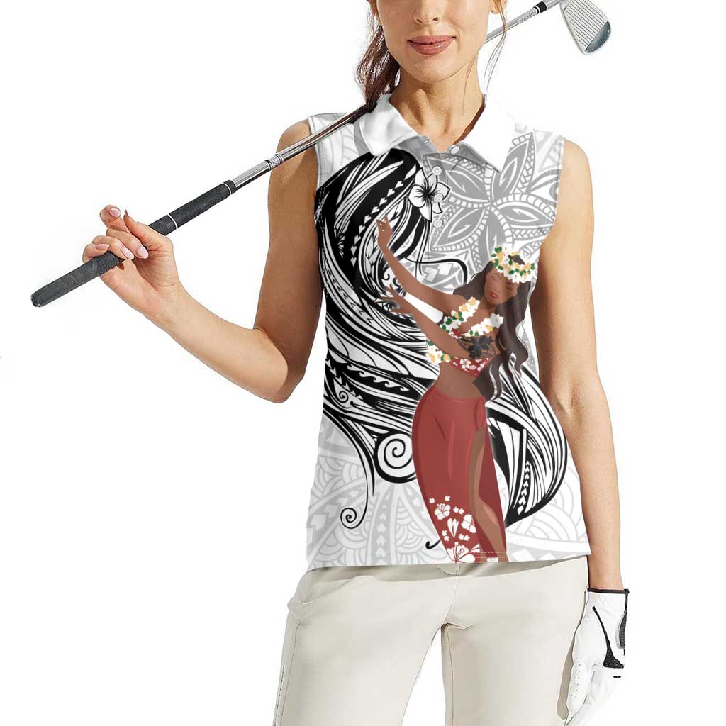 Tahiti Islands Polynesian Plumeria Women Sleeveless Polo Shirt Tahitian Vahine 'Ote'a - White LT7 - Polynesian Pride