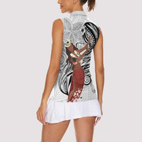 Tahiti Islands Polynesian Plumeria Women Sleeveless Polo Shirt Tahitian Vahine 'Ote'a - White LT7 - Polynesian Pride