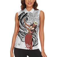 Tahiti Islands Polynesian Plumeria Women Sleeveless Polo Shirt Tahitian Vahine 'Ote'a - White LT7 - Polynesian Pride