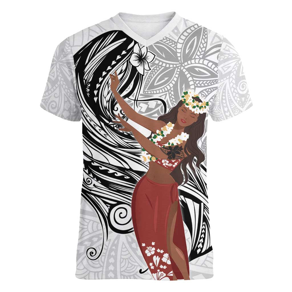 Tahiti Islands Polynesian Plumeria Women V-Neck T-Shirt Tahitian Vahine 'Ote'a - White LT7 Female White - Polynesian Pride