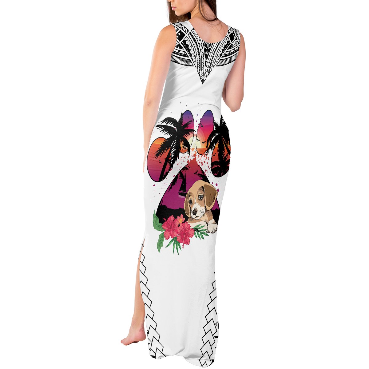 Polynesian Tank Maxi Dress Dog Lover With Beagle - Sunset At The Beach White Ver LT7 - Polynesian Pride