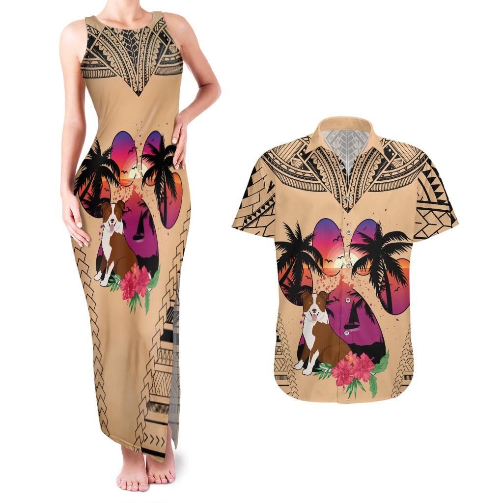 Polynesian Couples Matching Tank Maxi Dress and Hawaiian Shirt Dog Lover With Border Collie - Sunset At The Beach LT7 Coral - Polynesian Pride