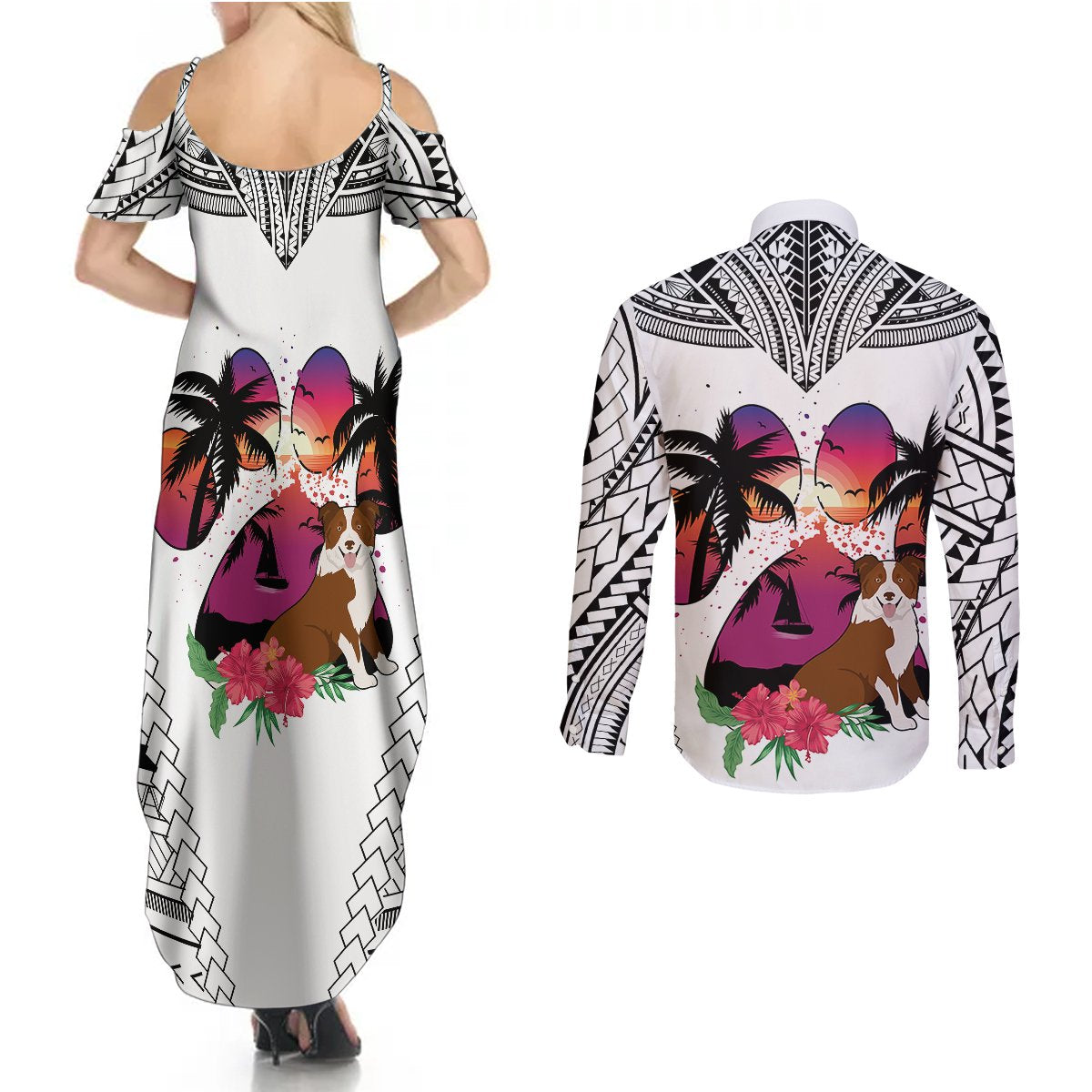 Polynesian Couples Matching Summer Maxi Dress and Long Sleeve Button Shirts Dog Lover With Border Collie - Sunset At The Beach White Ver LT7 - Polynesian Pride