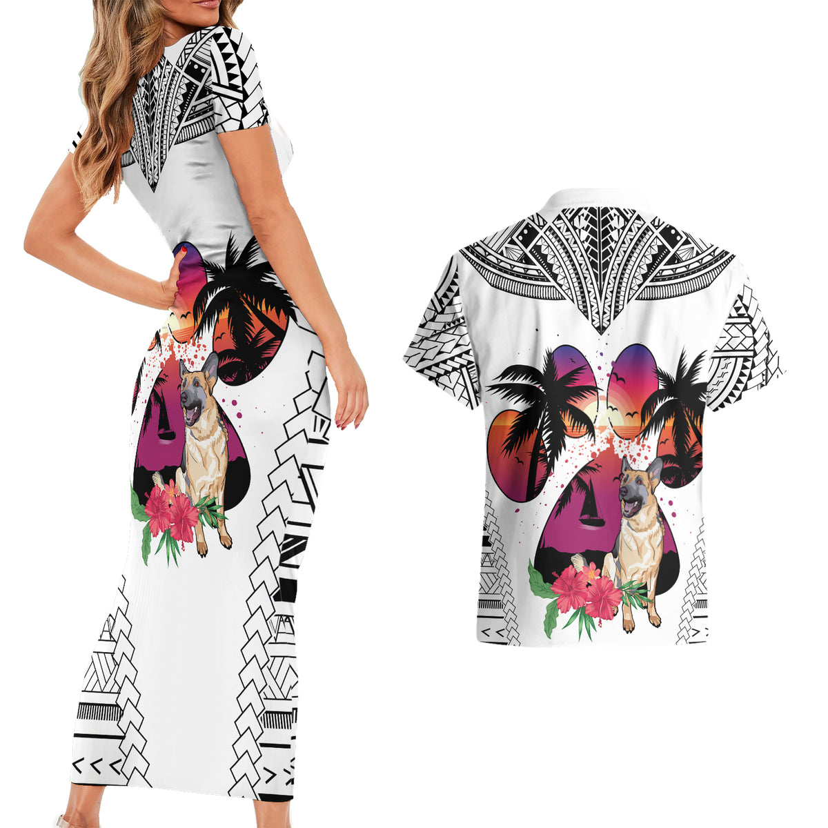 Polynesian Couples Matching Short Sleeve Bodycon Dress and Hawaiian Shirt Dog Lover With German Shepherd - Sunset At The Beach White Ver LT7 - Polynesian Pride