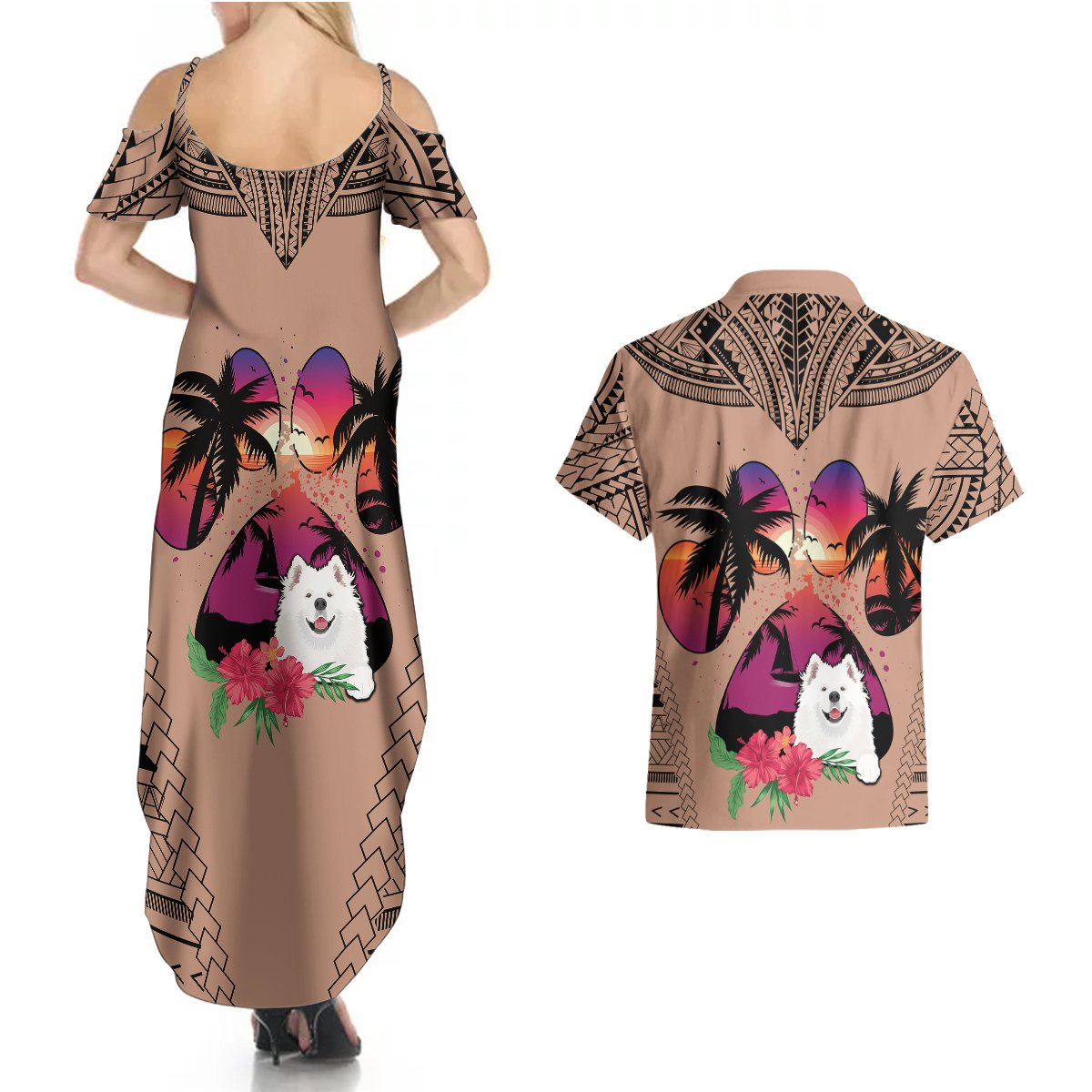 Polynesian Couples Matching Summer Maxi Dress and Hawaiian Shirt Dog Lover With Samoyed - Sunset At The Beach Brown Ver LT7 - Polynesian Pride