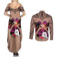 Polynesian Couples Matching Summer Maxi Dress and Long Sleeve Button Shirts Dog Lover With Samoyed - Sunset At The Beach Brown Ver LT7 - Polynesian Pride