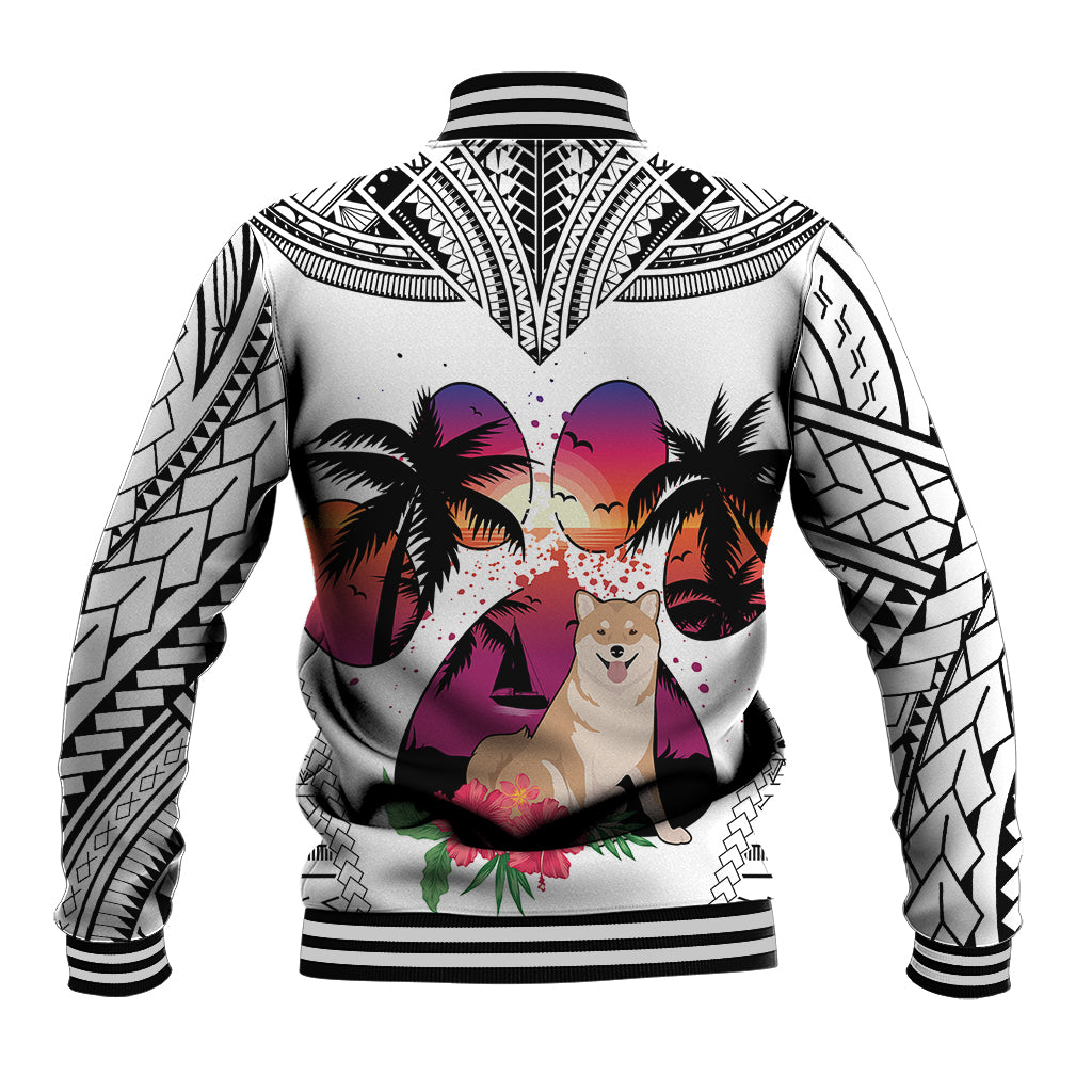 Polynesian Baseball Jacket Dog Lover With Shiba Inu - Sunset At The Beach White Ver LT7 - Polynesian Pride