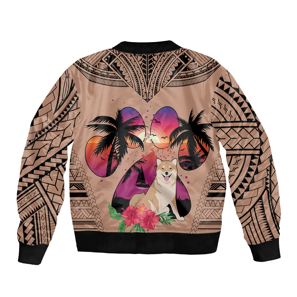 Polynesian Sleeve Zip Bomber Jacket Dog Lover With Shiba Inu - Sunset At The Beach Brown Ver LT7 - Polynesian Pride