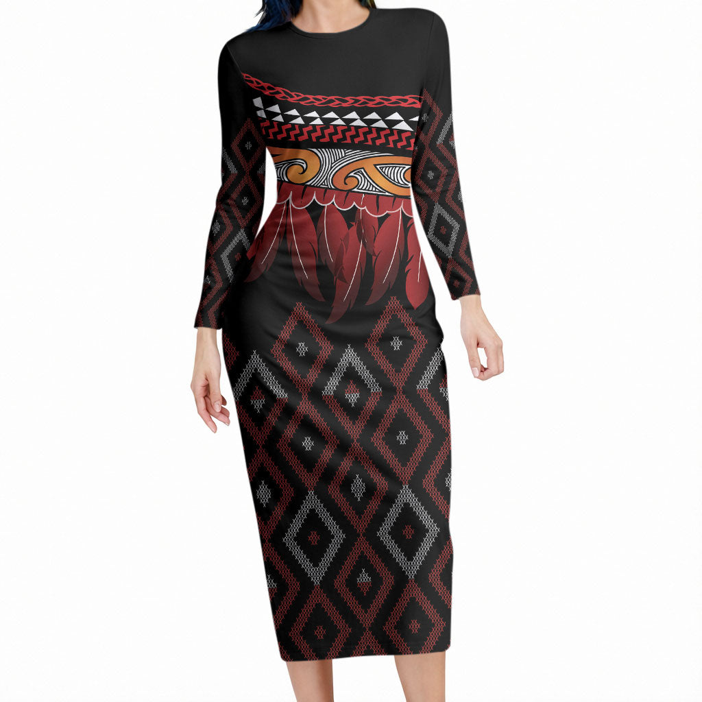Aotearoa Maori Ngapuhi Iwi Long Sleeve Bodycon Dress Korowai Tukutuku Kaokao Motifs LT7 Long Dress Black - Polynesian Pride