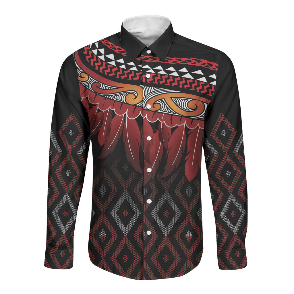 Aotearoa Maori Ngapuhi Iwi Long Sleeve Button Shirt Korowai Tukutuku Kaokao Motifs LT7 Unisex Black - Polynesian Pride