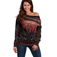 Aotearoa Maori Ngapuhi Iwi Off Shoulder Sweater Korowai Tukutuku Kaokao Motifs LT7 Women Black - Polynesian Pride
