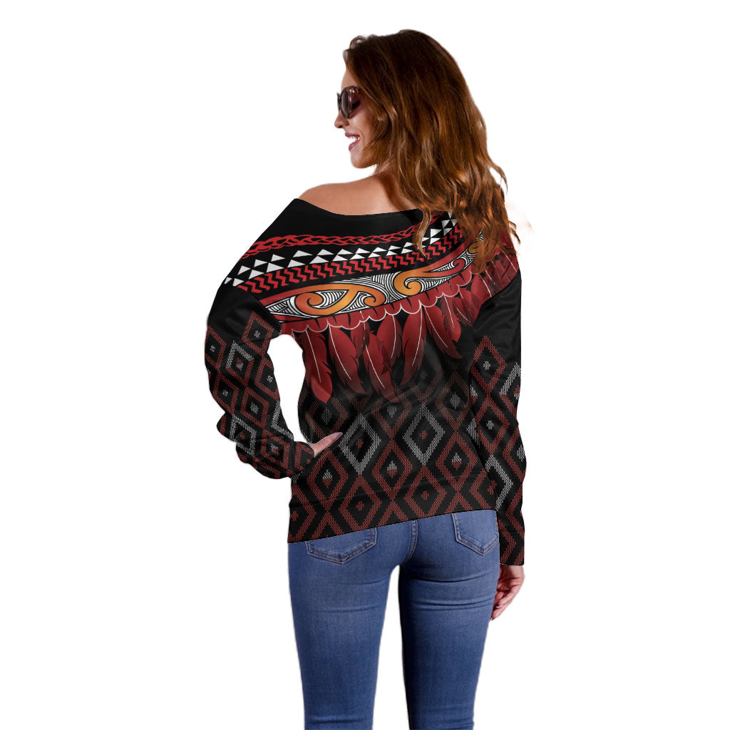 Aotearoa Maori Ngapuhi Iwi Off Shoulder Sweater Korowai Tukutuku Kaokao Motifs LT7 - Polynesian Pride