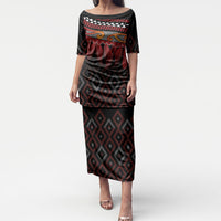 Aotearoa Maori Ngapuhi Iwi Puletasi Korowai Tukutuku Kaokao Motifs LT7 Long Dress Black - Polynesian Pride