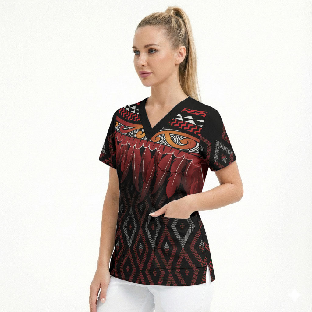 Aotearoa Maori Ngapuhi Iwi Scrub Top Korowai Tukutuku Kaokao Motifs LT7 - Polynesian Pride