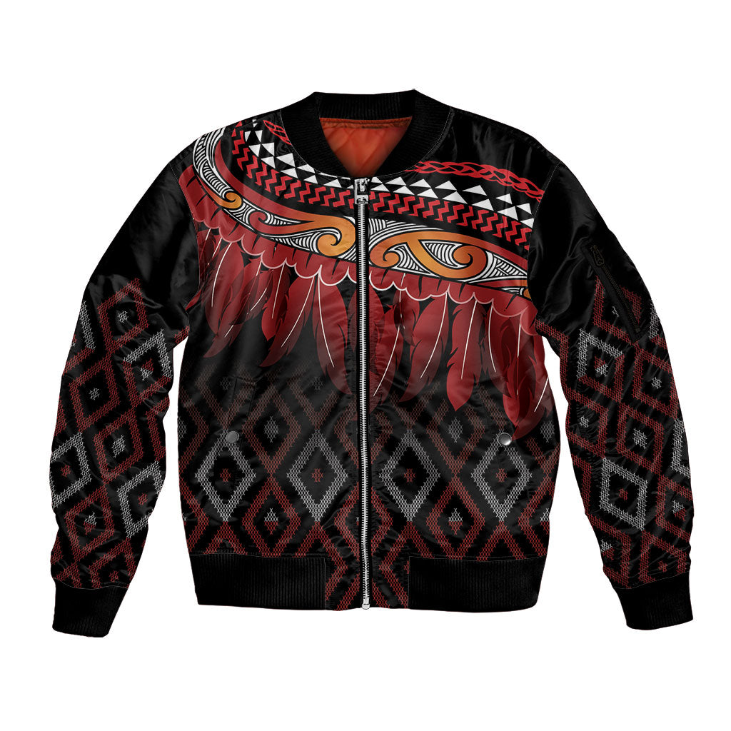 Aotearoa Maori Ngapuhi Iwi Sleeve Zip Bomber Jacket Korowai Tukutuku Kaokao Motifs LT7 Unisex Black - Polynesian Pride