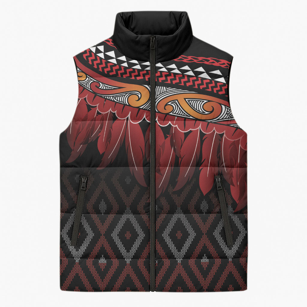 Aotearoa Maori Ngapuhi Iwi Sleeveless Puffer Jacket Korowai Tukutuku Kaokao Motifs LT7 Unisex Black - Polynesian Pride