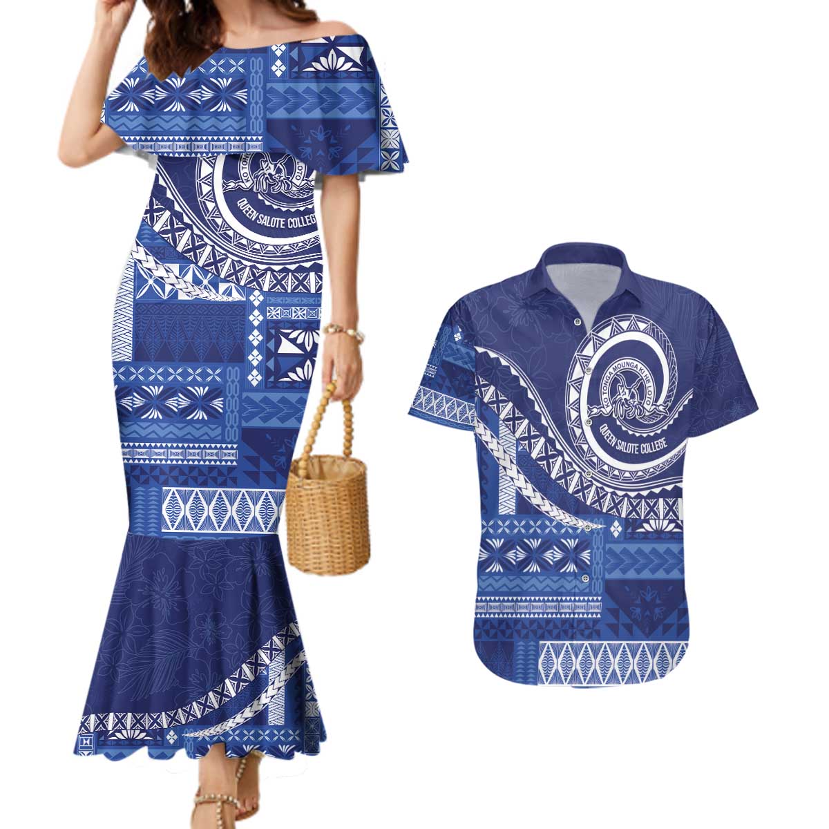 Queen Salote College 100th Anniversary Couples Matching Mermaid Dress and Hawaiian Shirt QSC Royal Girls LT7 Royal Blue - Polynesian Pride