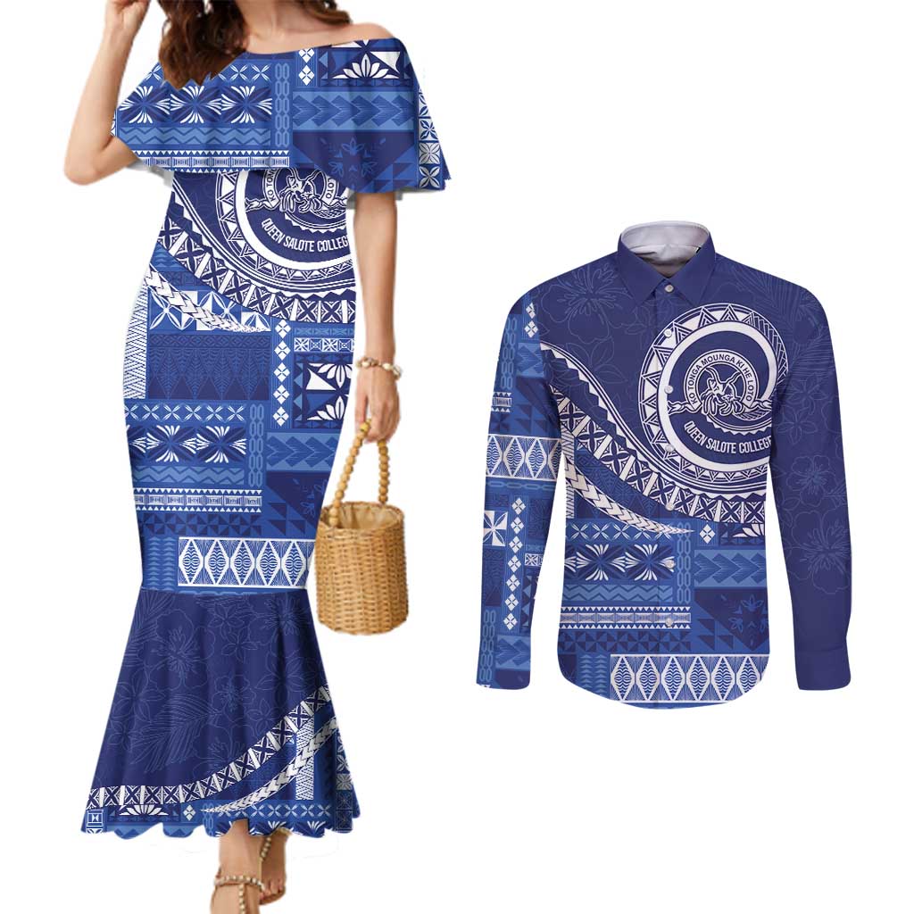 Queen Salote College 100th Anniversary Couples Matching Mermaid Dress and Long Sleeve Button Shirt QSC Royal Girls LT7 Royal Blue - Polynesian Pride