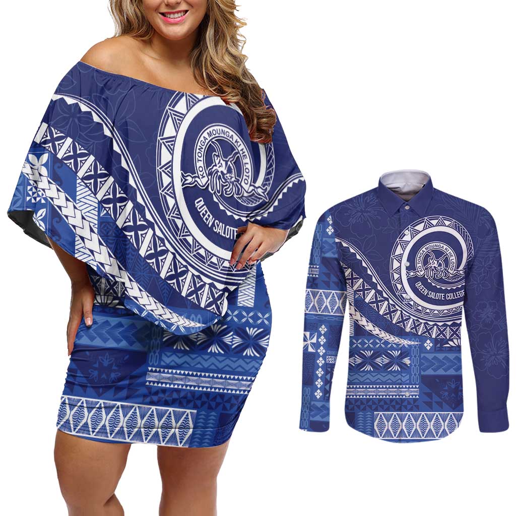 Queen Salote College 100th Anniversary Couples Matching Off Shoulder Short Dress and Long Sleeve Button Shirt QSC Royal Girls LT7 Royal Blue - Polynesian Pride