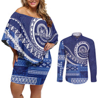 Queen Salote College 100th Anniversary Couples Matching Off Shoulder Short Dress and Long Sleeve Button Shirt QSC Royal Girls LT7 Royal Blue - Polynesian Pride