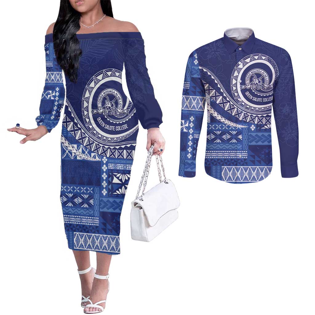 Queen Salote College 100th Anniversary Couples Matching Off The Shoulder Long Sleeve Dress and Long Sleeve Button Shirt QSC Royal Girls LT7 Royal Blue - Polynesian Pride