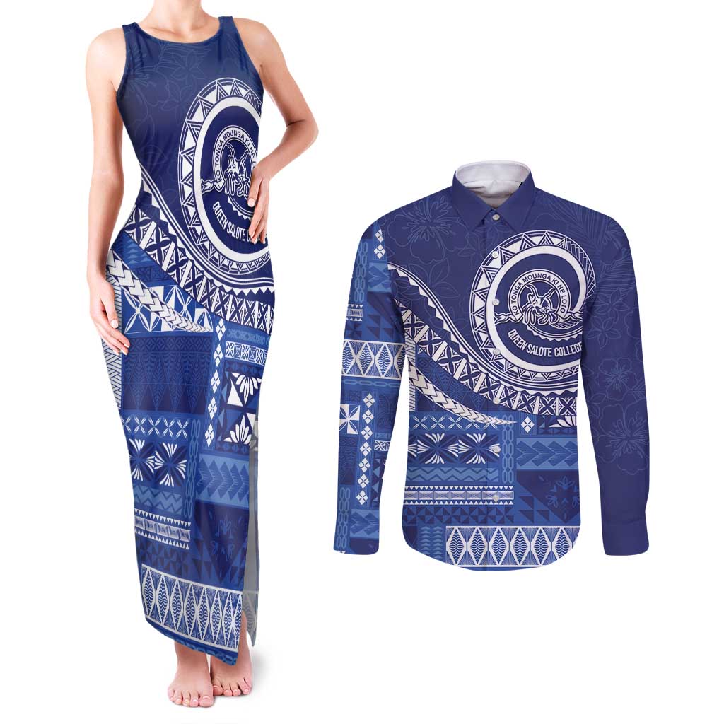 Queen Salote College 100th Anniversary Couples Matching Tank Maxi Dress and Long Sleeve Button Shirt QSC Royal Girls LT7 Royal Blue - Polynesian Pride