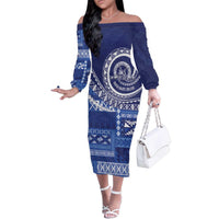 Queen Salote College 100th Anniversary Family Matching Off The Shoulder Long Sleeve Dress and Hawaiian Shirt QSC Royal Girls LT7 Mom's Dress Royal Blue - Polynesian Pride
