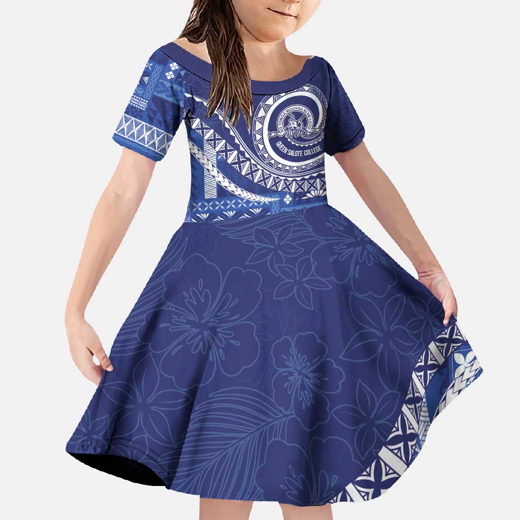 Queen Salote College 100th Anniversary Family Matching Off Shoulder Maxi Dress and Hawaiian Shirt QSC Royal Girls LT7 Daughter's Dress Royal Blue - Polynesian Pride
