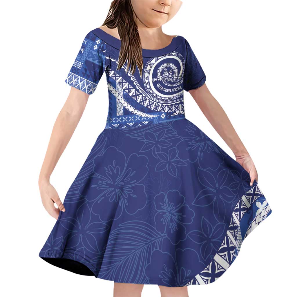Queen Salote College 100th Anniversary Family Matching Off Shoulder Short Dress and Hawaiian Shirt QSC Royal Girls LT7 Daughter's Dress Royal Blue - Polynesian Pride