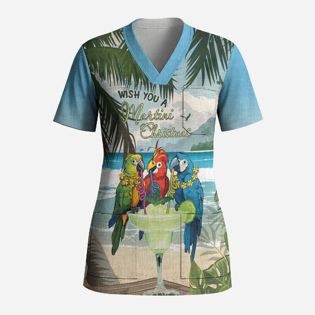 Wish You A Merry Martini Christmas Scrub Top Cocktail Parrot-dise