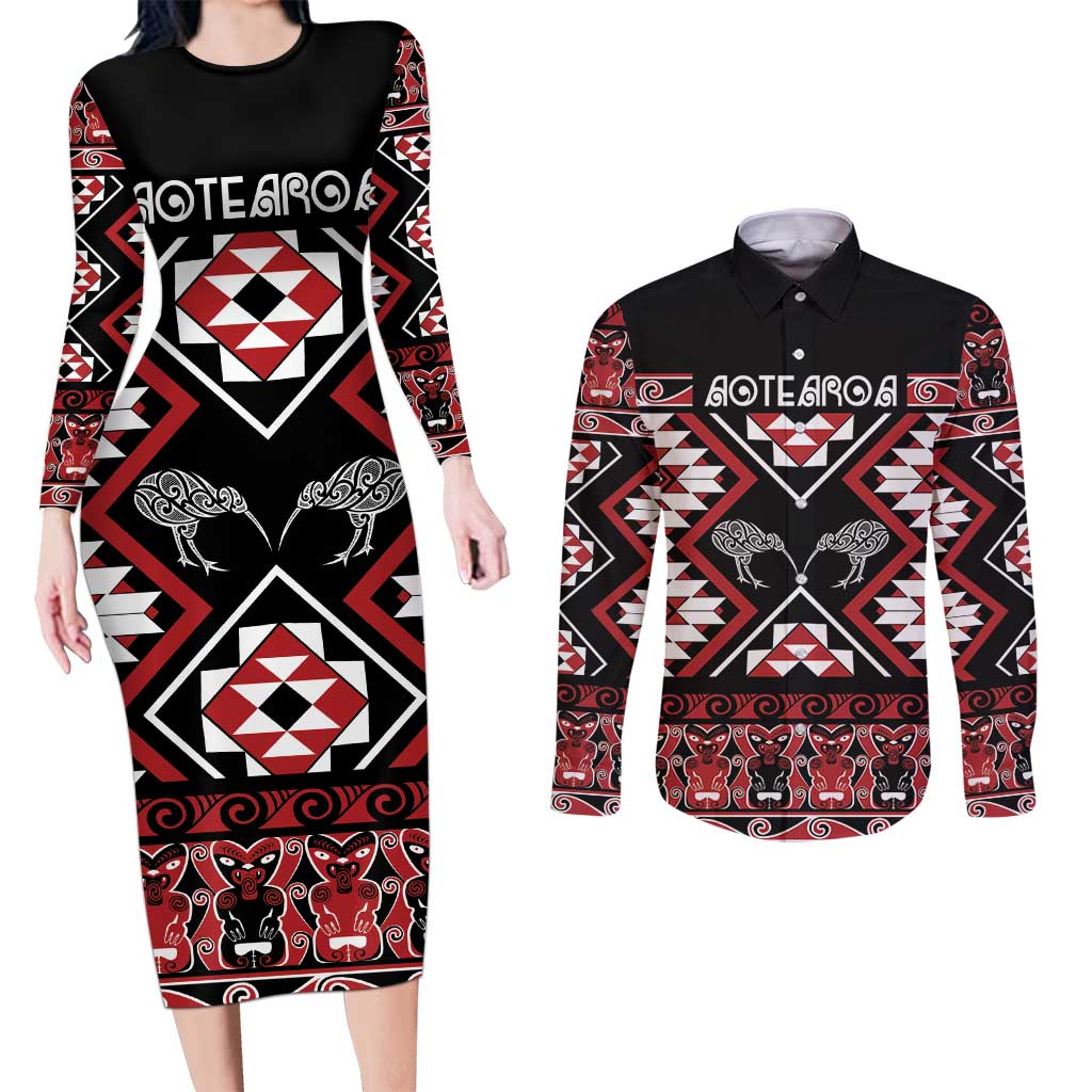 Personalised Taniko Motifs Aotearoa Couples Matching Long Sleeve Bodycon Dress and Long Sleeve Button Shirt Waitangi Kowhaiwhai Kiwi LT7 Red - Polynesian Pride