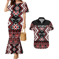 Personalised Taniko Motifs Aotearoa Couples Matching Mermaid Dress and Hawaiian Shirt Waitangi Kowhaiwhai Kiwi LT7 Red - Polynesian Pride