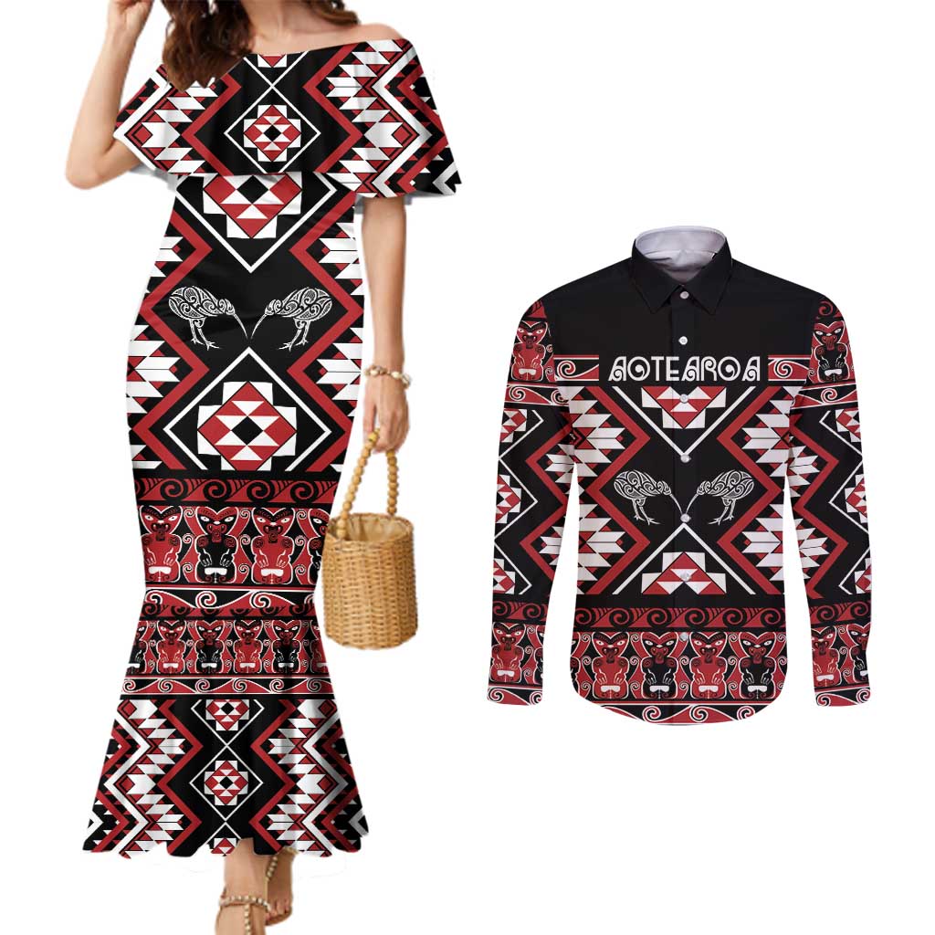 Personalised Taniko Motifs Aotearoa Couples Matching Mermaid Dress and Long Sleeve Button Shirt Waitangi Kowhaiwhai Kiwi LT7 Red - Polynesian Pride