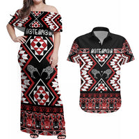 Personalised Taniko Motifs Aotearoa Couples Matching Off Shoulder Maxi Dress and Hawaiian Shirt Waitangi Kowhaiwhai Kiwi LT7 Red - Polynesian Pride