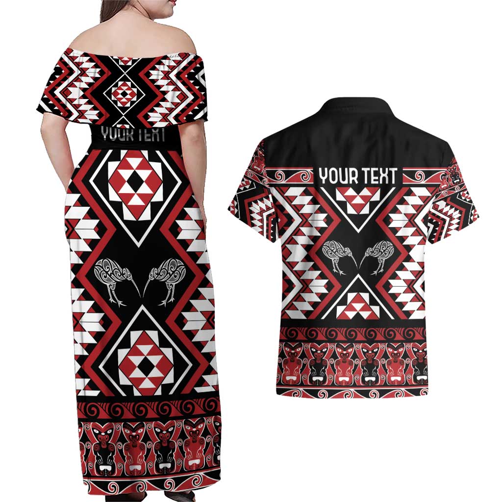 Personalised Taniko Motifs Aotearoa Couples Matching Off Shoulder Maxi Dress and Hawaiian Shirt Waitangi Kowhaiwhai Kiwi LT7 - Polynesian Pride