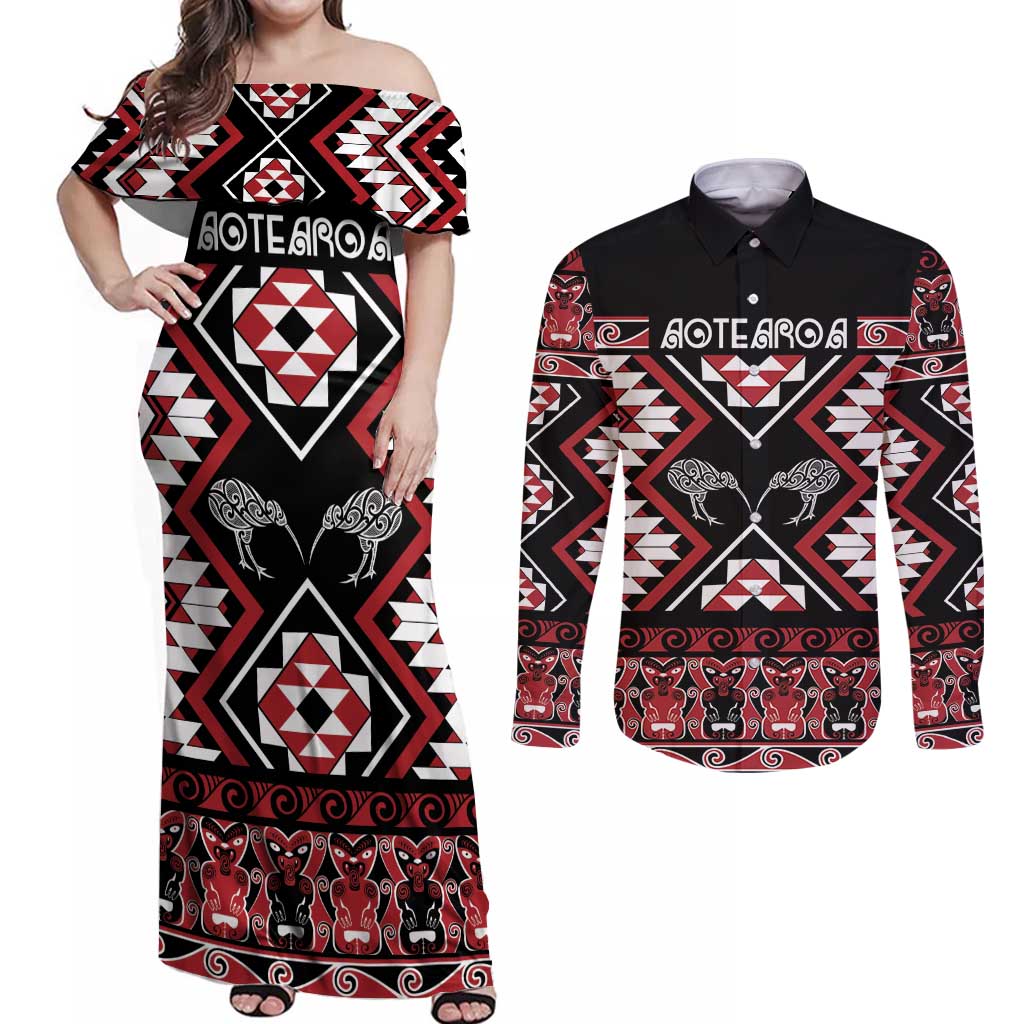 Personalised Taniko Motifs Aotearoa Couples Matching Off Shoulder Maxi Dress and Long Sleeve Button Shirt Waitangi Kowhaiwhai Kiwi LT7 Red - Polynesian Pride