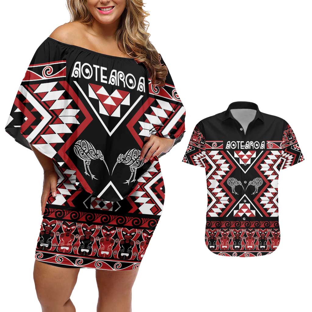 Personalised Taniko Motifs Aotearoa Couples Matching Off Shoulder Short Dress and Hawaiian Shirt Waitangi Kowhaiwhai Kiwi LT7 Red - Polynesian Pride