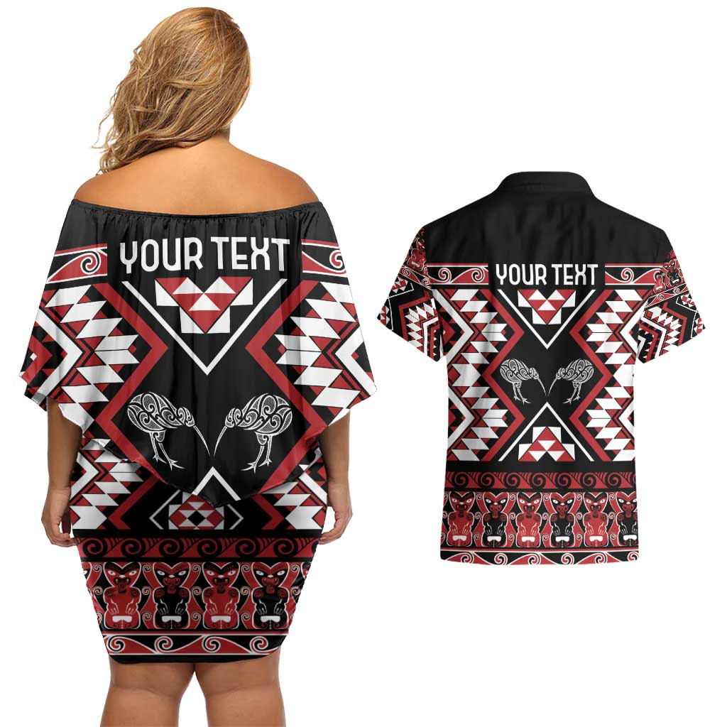 Personalised Taniko Motifs Aotearoa Couples Matching Off Shoulder Short Dress and Hawaiian Shirt Waitangi Kowhaiwhai Kiwi LT7 - Polynesian Pride