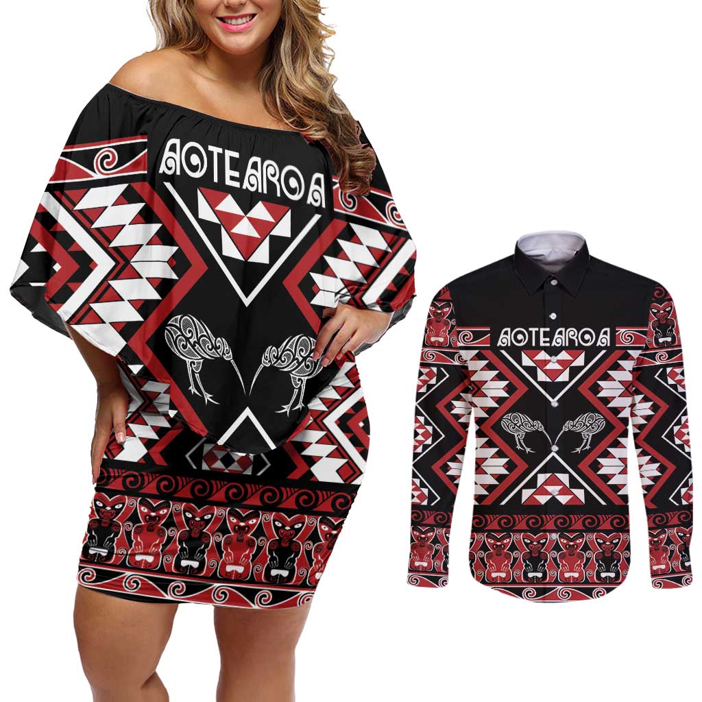 Personalised Taniko Motifs Aotearoa Couples Matching Off Shoulder Short Dress and Long Sleeve Button Shirt Waitangi Kowhaiwhai Kiwi LT7 Red - Polynesian Pride
