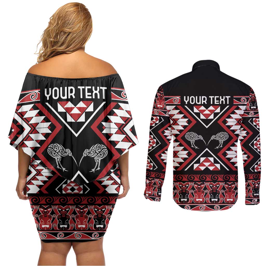 Personalised Taniko Motifs Aotearoa Couples Matching Off Shoulder Short Dress and Long Sleeve Button Shirt Waitangi Kowhaiwhai Kiwi LT7 - Polynesian Pride
