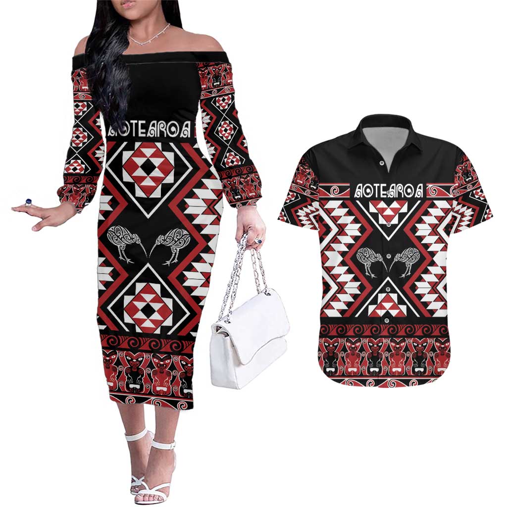 Personalised Taniko Motifs Aotearoa Couples Matching Off The Shoulder Long Sleeve Dress and Hawaiian Shirt Waitangi Kowhaiwhai Kiwi LT7 Red - Polynesian Pride