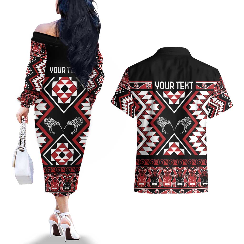 Personalised Taniko Motifs Aotearoa Couples Matching Off The Shoulder Long Sleeve Dress and Hawaiian Shirt Waitangi Kowhaiwhai Kiwi LT7 - Polynesian Pride