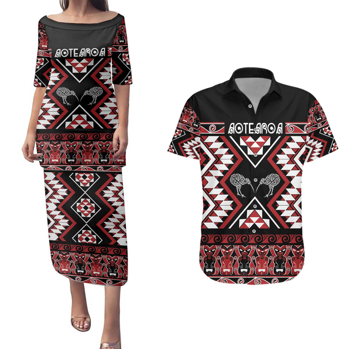 Personalised Taniko Motifs Aotearoa Couples Matching Puletasi and Hawaiian Shirt Waitangi Kowhaiwhai Kiwi LT7 Red - Polynesian Pride