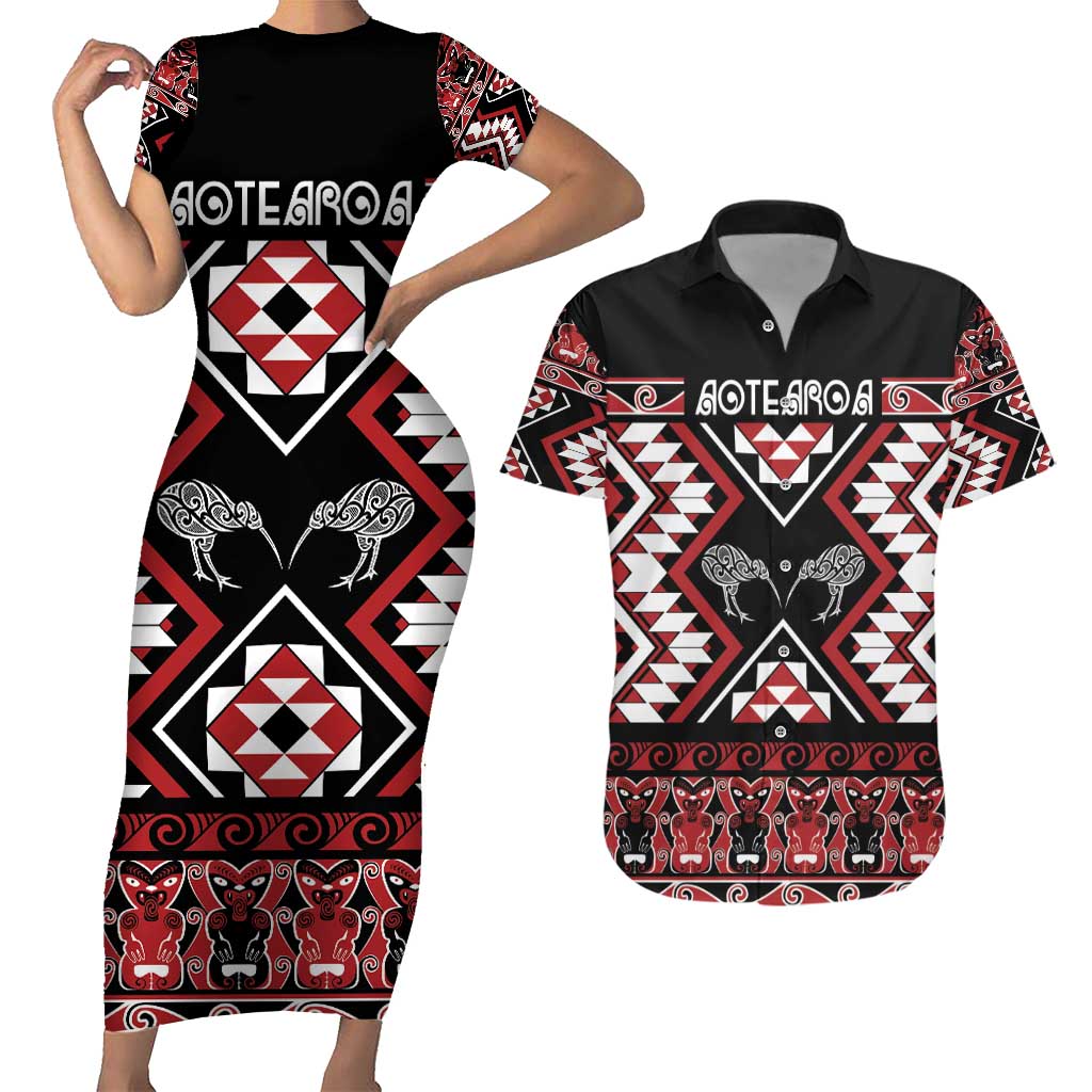 Personalised Taniko Motifs Aotearoa Couples Matching Short Sleeve Bodycon Dress and Hawaiian Shirt Waitangi Kowhaiwhai Kiwi LT7 Red - Polynesian Pride