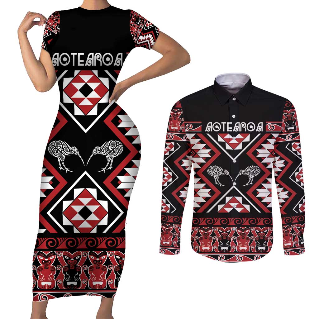Personalised Taniko Motifs Aotearoa Couples Matching Short Sleeve Bodycon Dress and Long Sleeve Button Shirt Waitangi Kowhaiwhai Kiwi LT7 Red - Polynesian Pride