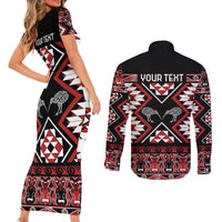 Personalised Taniko Motifs Aotearoa Couples Matching Short Sleeve Bodycon Dress and Long Sleeve Button Shirt Waitangi Kowhaiwhai Kiwi LT7 - Polynesian Pride