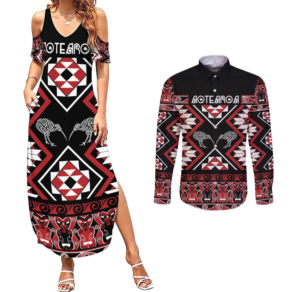 Personalised Taniko Motifs Aotearoa Couples Matching Summer Maxi Dress and Long Sleeve Button Shirt Waitangi Kowhaiwhai Kiwi LT7 Red - Polynesian Pride